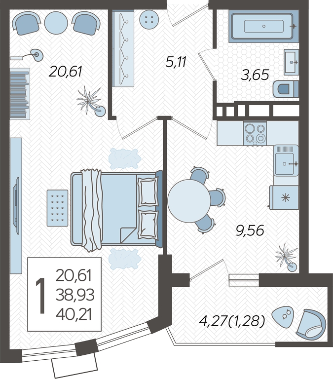 2-комнатная квартира с отделкой в ЖК Октябрьский на Туре на 3 этаже в 5 секции. Сдача в 1 кв. 2026 г.