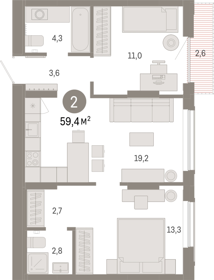 2-комнатная квартира с отделкой в ЖК Октябрьский на Туре на 2 этаже в 5 секции. Сдача в 1 кв. 2026 г.