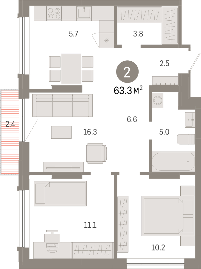 1-комнатная квартира с отделкой в ЖК Октябрьский на Туре на 3 этаже в 4 секции. Сдача в 2 кв. 2026 г.