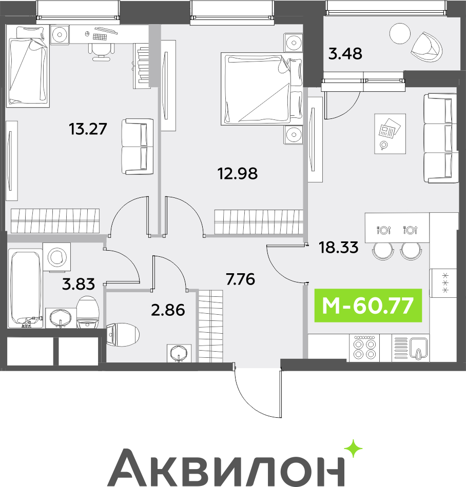 1-комнатная квартира (Студия) с отделкой в ЖК Октябрьский на Туре на 6 этаже в 6 секции. Сдача в 2 кв. 2026 г.
