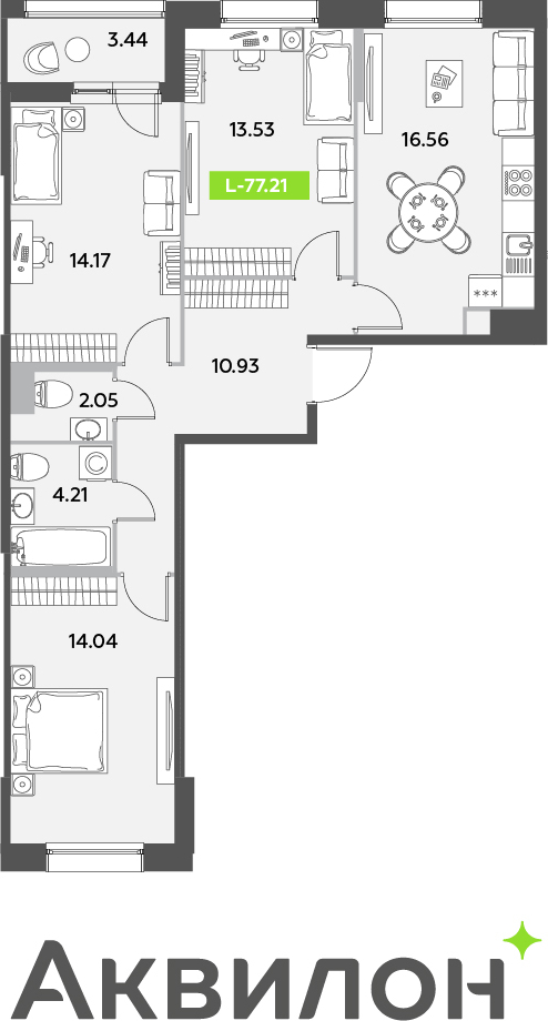 3-комнатная квартира с отделкой в ЖК Октябрьский на Туре на 14 этаже в 3 секции. Сдача в 2 кв. 2025 г.