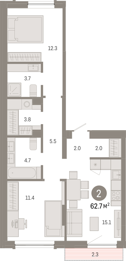 2-комнатная квартира с отделкой в ЖК Октябрьский на Туре на 2 этаже в 6 секции. Сдача в 1 кв. 2026 г.
