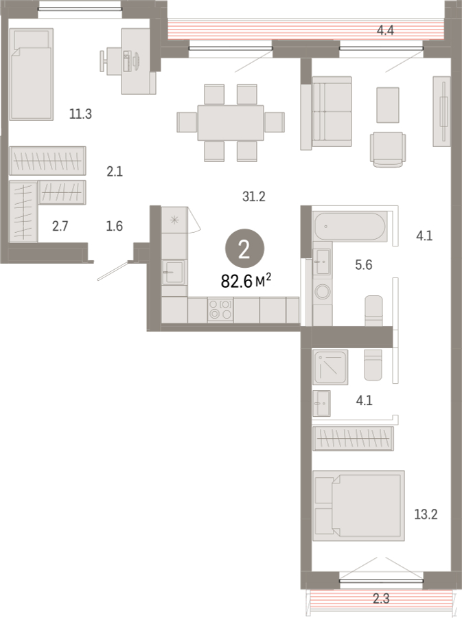 2-комнатная квартира с отделкой в ЖК Октябрьский на Туре на 6 этаже в 6 секции. Сдача в 1 кв. 2026 г.