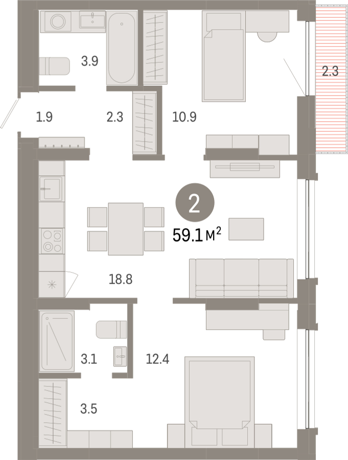 2-комнатная квартира с отделкой в ЖК Октябрьский на Туре на 7 этаже в 1 секции. Сдача в 2 кв. 2025 г.