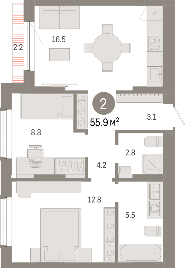 3-комнатная квартира с отделкой в ЖК Октябрьский на Туре на 20 этаже в 1 секции. Сдача в 2 кв. 2025 г.
