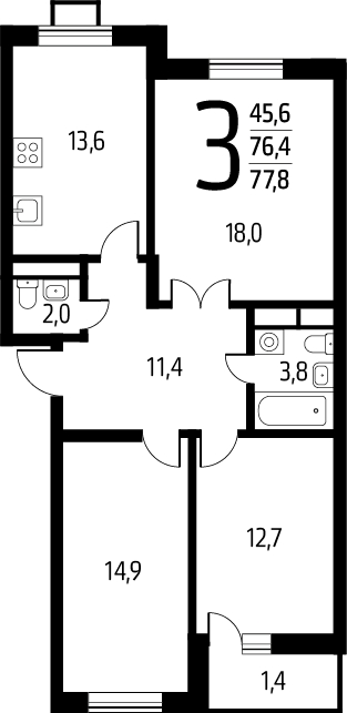 3-комнатная квартира с отделкой в ЖК Октябрьский на Туре на 22 этаже в 1 секции. Сдача в 2 кв. 2025 г.