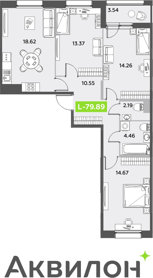 1-комнатная квартира (Студия) с отделкой в ЖК Аквилон Stories на 2 этаже в 1 секции. Сдача в 4 кв. 2023 г.