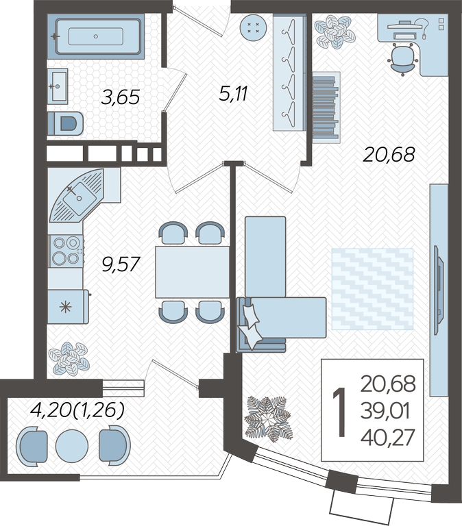 1-комнатная квартира (Студия) с отделкой в ЖК Аквилон Stories на 11 этаже в 1 секции. Сдача в 4 кв. 2023 г.