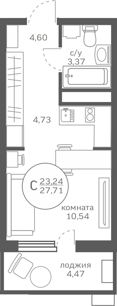 1-комнатная квартира с отделкой в ЖК Октябрьский на Туре на 4 этаже в 1 секции. Сдача в 2 кв. 2025 г.