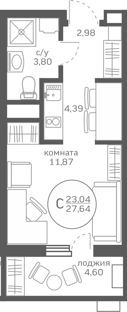 1-комнатная квартира с отделкой в ЖК Октябрьский на Туре на 18 этаже в 1 секции. Сдача в 2 кв. 2025 г.