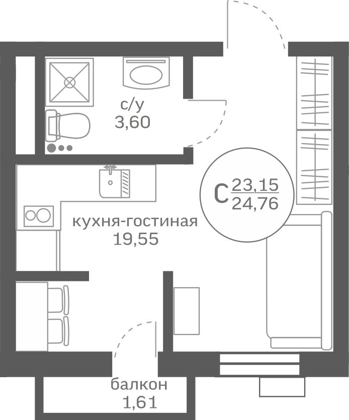 1-комнатная квартира (Студия) с отделкой в ЖК Аквилон Stories на 12 этаже в 1 секции. Сдача в 4 кв. 2023 г.