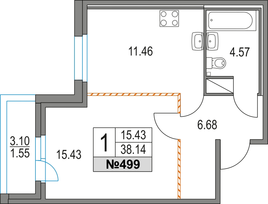 1-комнатная квартира (Студия) в ЖК Upside Towers на 48 этаже в 1 секции. Сдача в 2 кв. 2026 г.