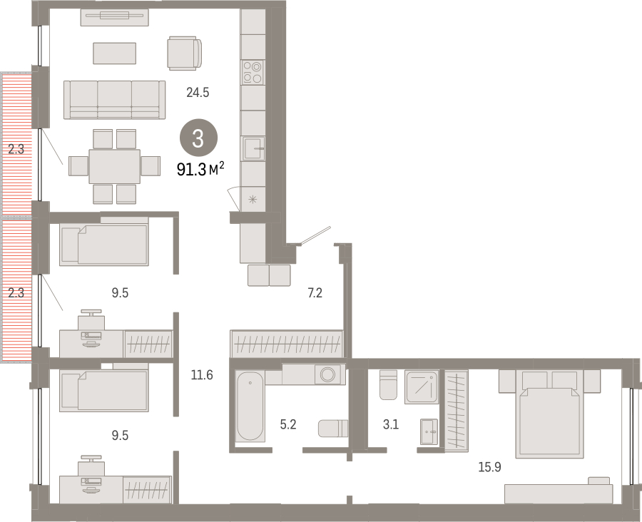 3-комнатная квартира с отделкой в ЖК Октябрьский на Туре на 5 этаже в 3 секции. Сдача в 2 кв. 2026 г.
