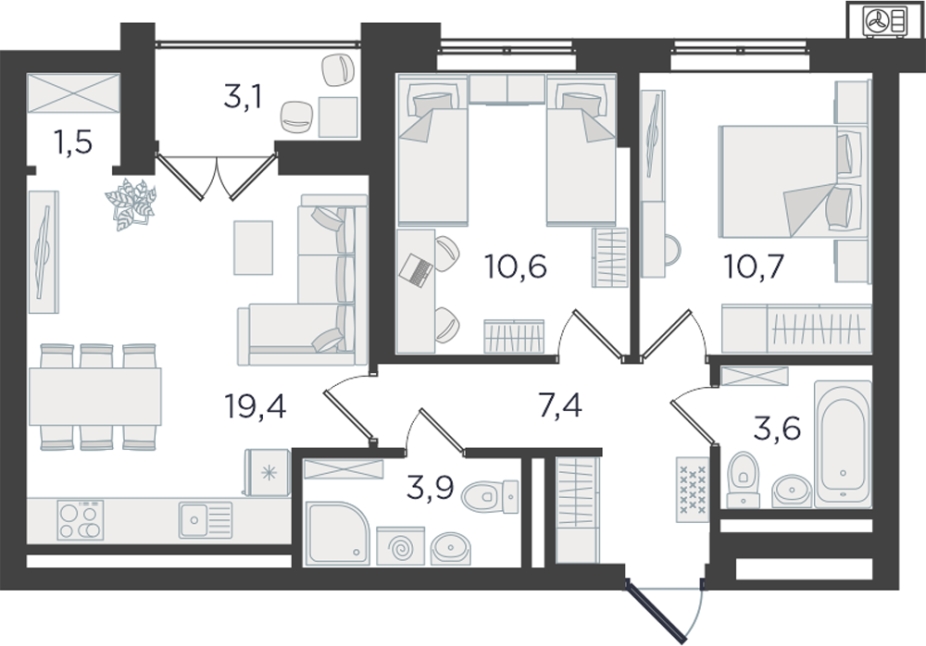 3-комнатная квартира в ЖК West Garden на 12 этаже в 1 секции. Сдача в 2 кв. 2023 г.
