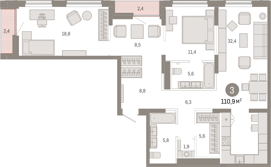 3-комнатная квартира в ЖК КутузовGRAD 2 на 7 этаже в 4 секции. Сдача в 3 кв. 2022 г.