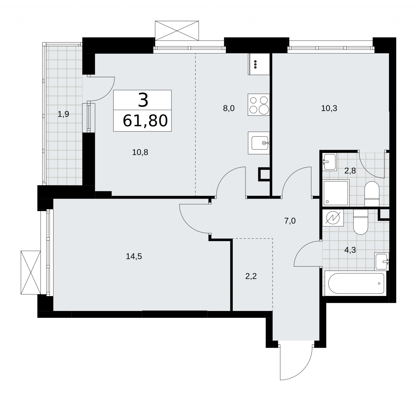 3-комнатная квартира в ЖК Скандинавия на 10 этаже в 3 секции. Сдача в 3 кв. 2025 г.