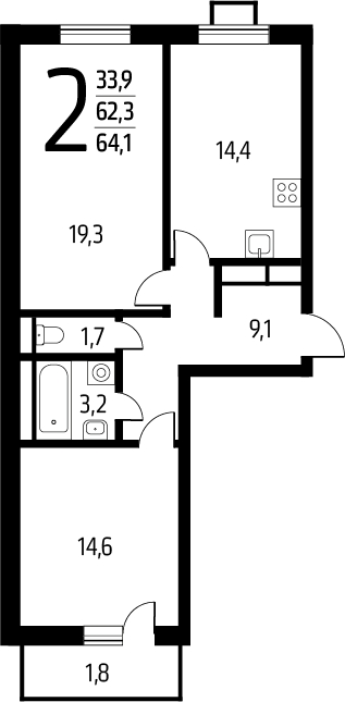 2-комнатная квартира с отделкой в ЖК Октябрьский на Туре на 12 этаже в 6 секции. Сдача в 2 кв. 2026 г.