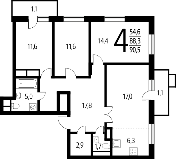3-комнатная квартира с отделкой в ЖК На Гастелло на 4 этаже в 2 секции. Сдача в 4 кв. 2024 г.