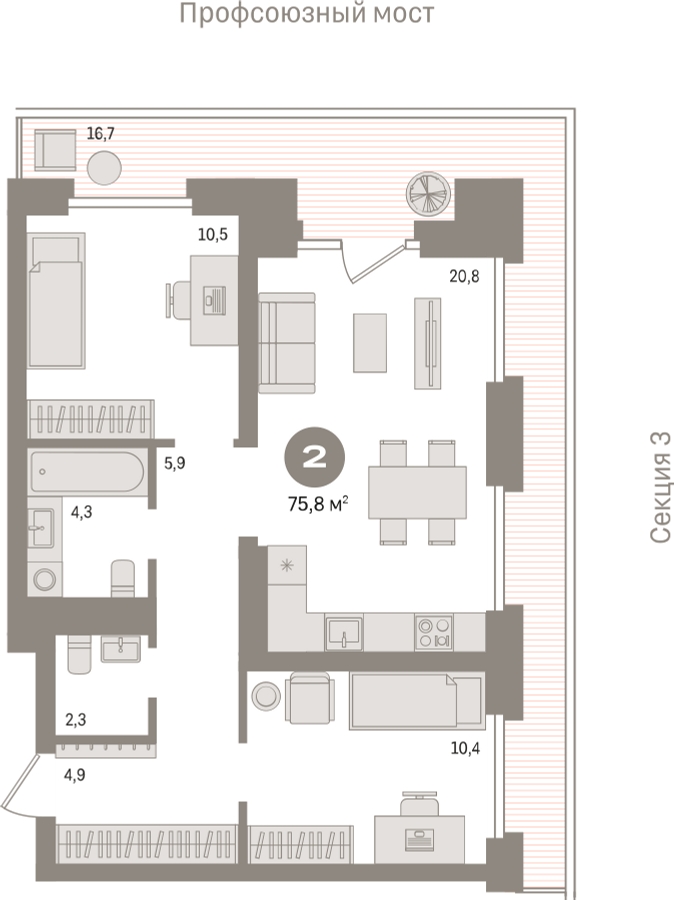 2-комнатная квартира с отделкой в ЖК Октябрьский на Туре на 16 этаже в 6 секции. Сдача в 2 кв. 2026 г.