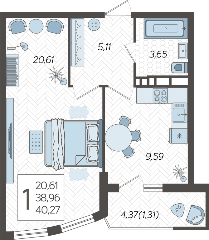 2-комнатная квартира с отделкой в ЖК Октябрьский на Туре на 5 этаже в 6 секции. Сдача в 2 кв. 2026 г.