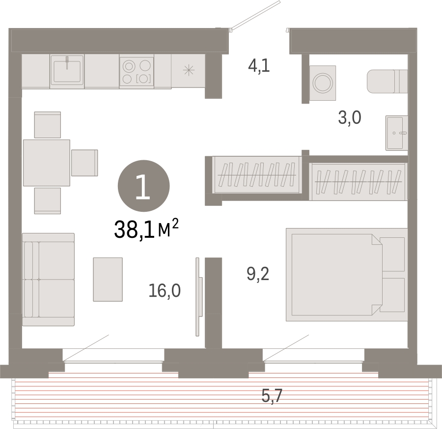 1-комнатная квартира с отделкой в ЖК Октябрьский на Туре на 7 этаже в 6 секции. Сдача в 2 кв. 2026 г.