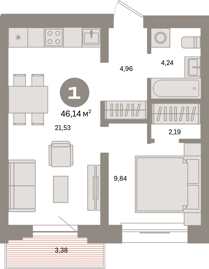 1-комнатная квартира с отделкой в ЖК Октябрьский на Туре на 6 этаже в 1 секции. Сдача в 2 кв. 2026 г.