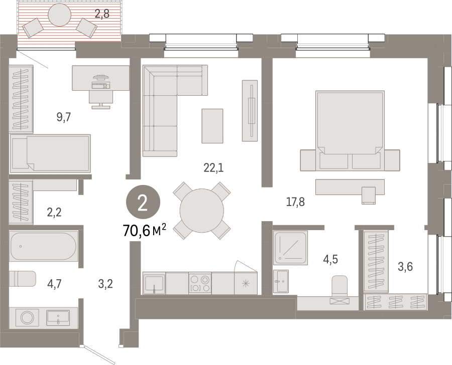 1-комнатная квартира с отделкой в ЖК Октябрьский на Туре на 17 этаже в 6 секции. Сдача в 2 кв. 2026 г.