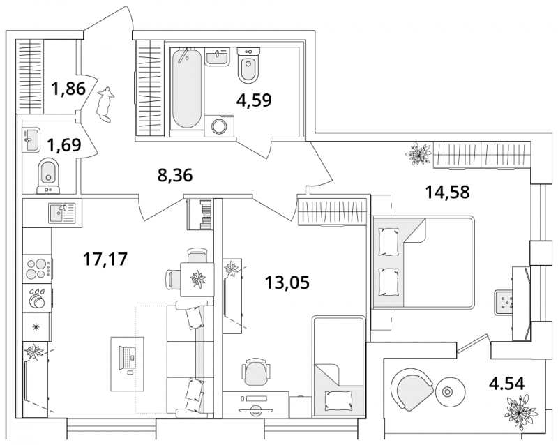 2-комнатная квартира с отделкой в ЖК Октябрьский на Туре на 5 этаже в 1 секции. Сдача в 1 кв. 2026 г.