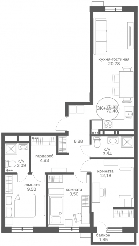 3-комнатная квартира с отделкой в ЖК CUBE на 9 этаже в 1 секции. Сдача в 4 кв. 2024 г.