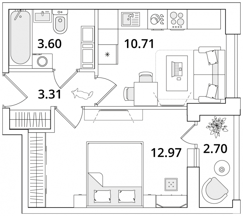 1-комнатная квартира (Студия) с отделкой в ЖК CUBE на 12 этаже в 1 секции. Сдача в 2 кв. 2024 г.