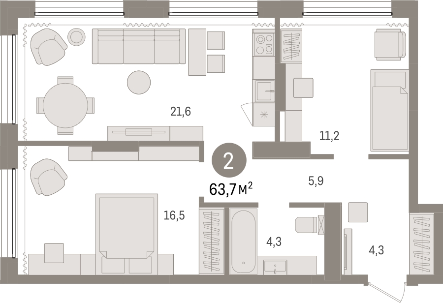 2-комнатная квартира с отделкой в ЖК Квартал на набережной NOW на 5 этаже в 1 секции. Сдача в 4 кв. 2022 г.