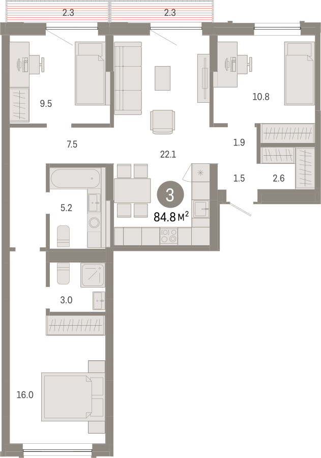 2-комнатная квартира в ЖК Квартал на набережной NOW на 5 этаже в 1 секции. Сдача в 4 кв. 2022 г.