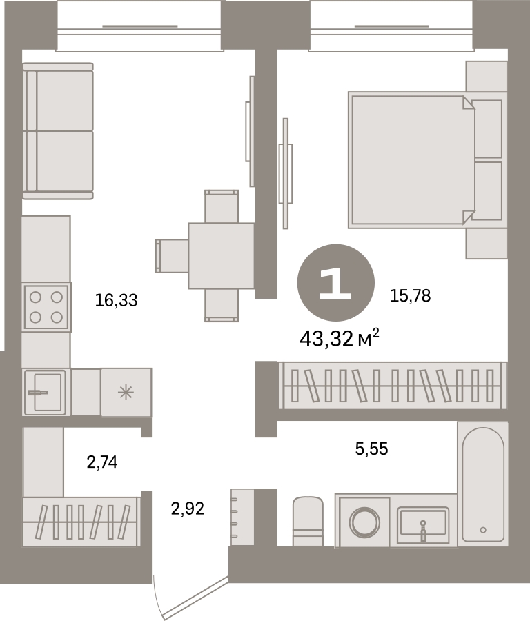 1-комнатная квартира с отделкой в ЖК RedRock на 2 этаже в 1 секции. Сдача в 2 кв. 2024 г.