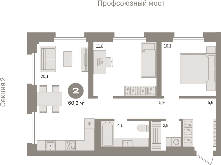 3-комнатная квартира в ЖК Апарт-комплекс Nakhimov на 9 этаже в 1 секции. Сдача в 1 кв. 2021 г.