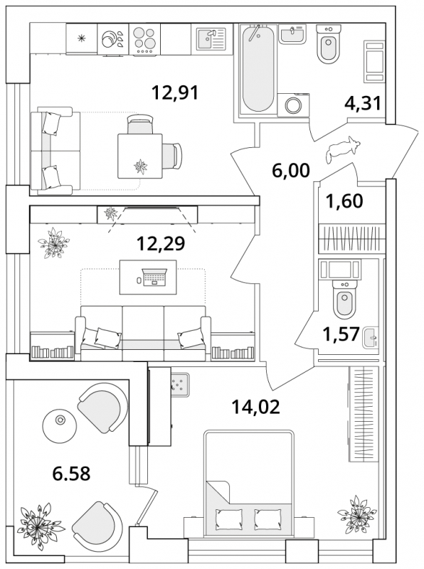 1-комнатная квартира (Студия) с отделкой в ЖК Аквилон Leaves на 1 этаже в 1 секции. Сдача в 4 кв. 2024 г.