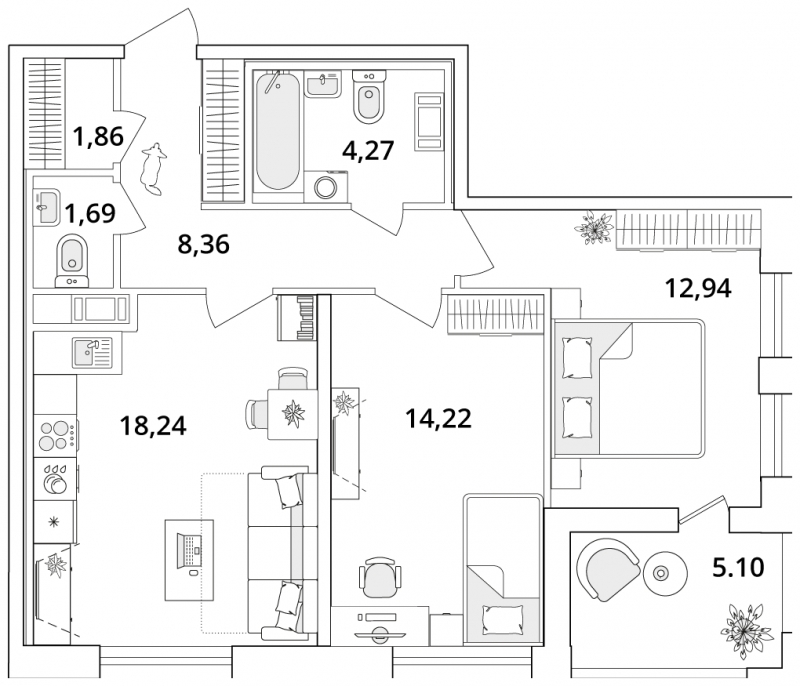 2-комнатная квартира с отделкой в ЖК Октябрьский на Туре на 22 этаже в 1 секции. Сдача в 2 кв. 2025 г.