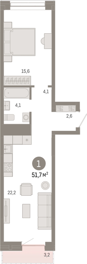 1-комнатная квартира с отделкой в ЖК Октябрьский на Туре на 4 этаже в 6 секции. Сдача в 1 кв. 2026 г.