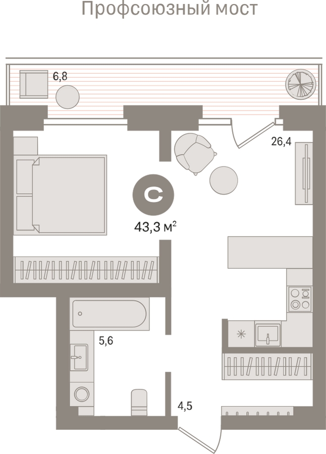 1-комнатная квартира (Студия) с отделкой в ЖК RedRock на 2 этаже в 1 секции. Сдача в 2 кв. 2024 г.