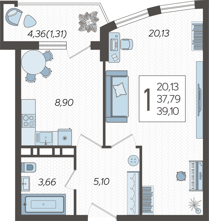 1-комнатная квартира с отделкой в ЖК CUBE на 8 этаже в 1 секции. Сдача в 2 кв. 2024 г.