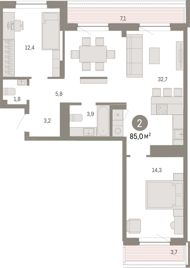 2-комнатная квартира в ЖК КутузовGRAD 2 на 3 этаже в 1 секции. Сдача в 2 кв. 2022 г.