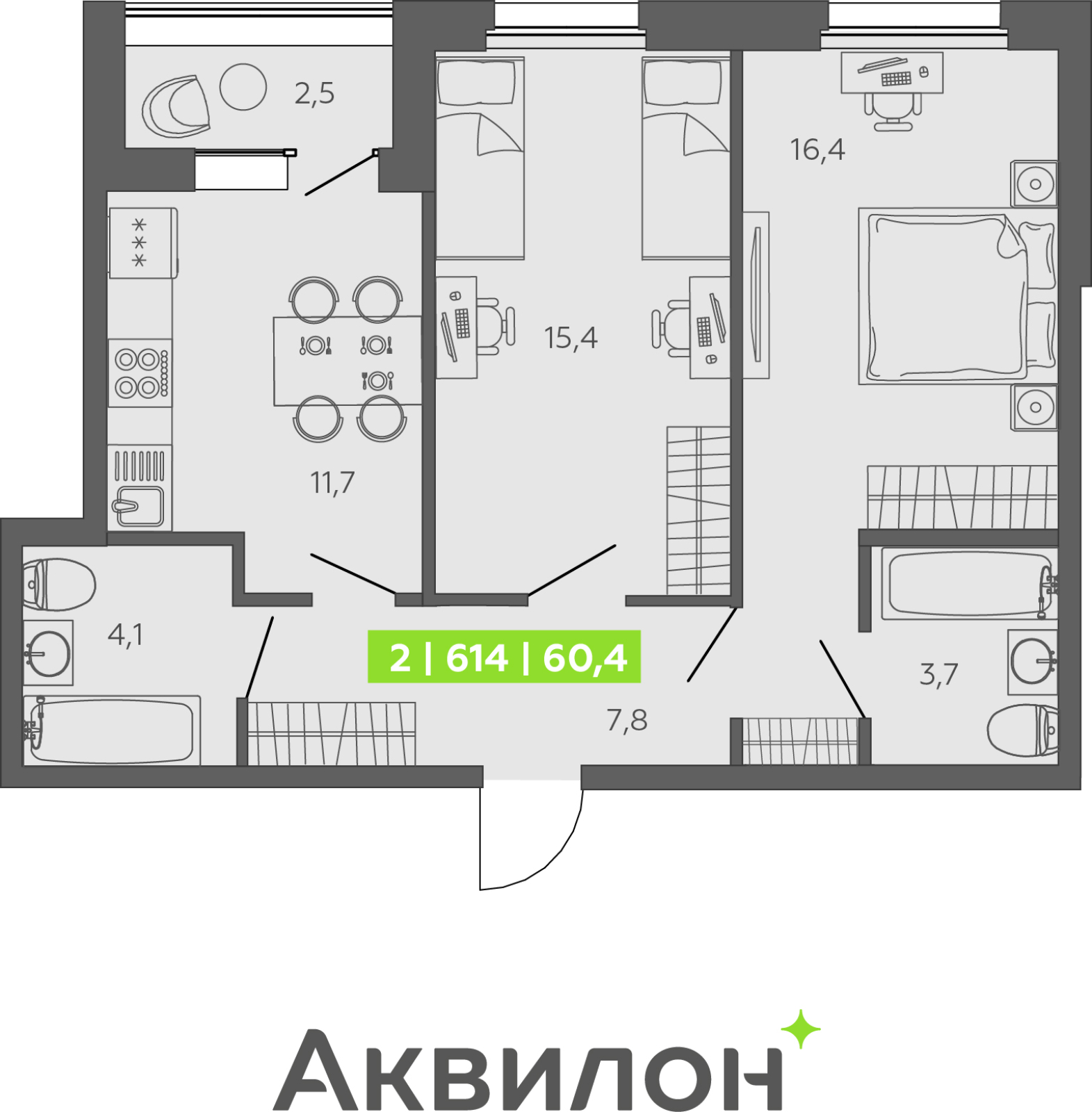 2-комнатная квартира с отделкой в ЖК Октябрьский на Туре на 3 этаже в 3 секции. Сдача в 2 кв. 2026 г.