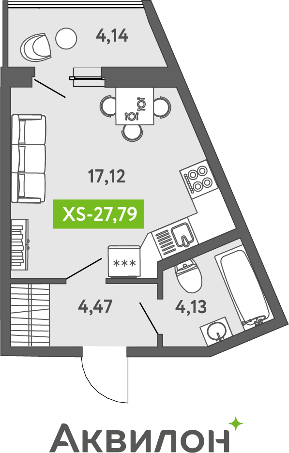 1-комнатная квартира (Студия) в ЖК CUBE на 12 этаже в 1 секции. Сдача в 4 кв. 2024 г.