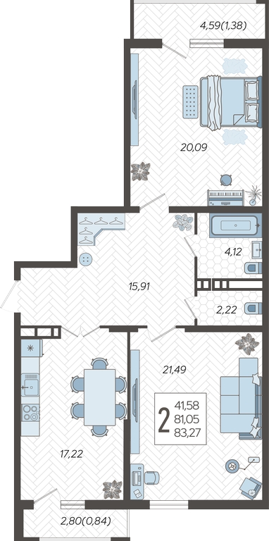2-комнатная квартира с отделкой в ЖК Меридиан ЮГ на 11 этаже в 2 секции. Сдача в 4 кв. 2024 г.