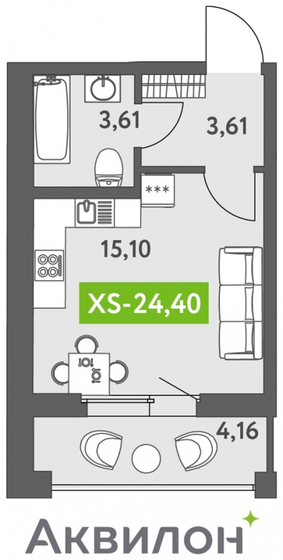 1-комнатная квартира (Студия) с отделкой в ЖК Аквилон Leaves на 9 этаже в 1 секции. Сдача в 4 кв. 2024 г.