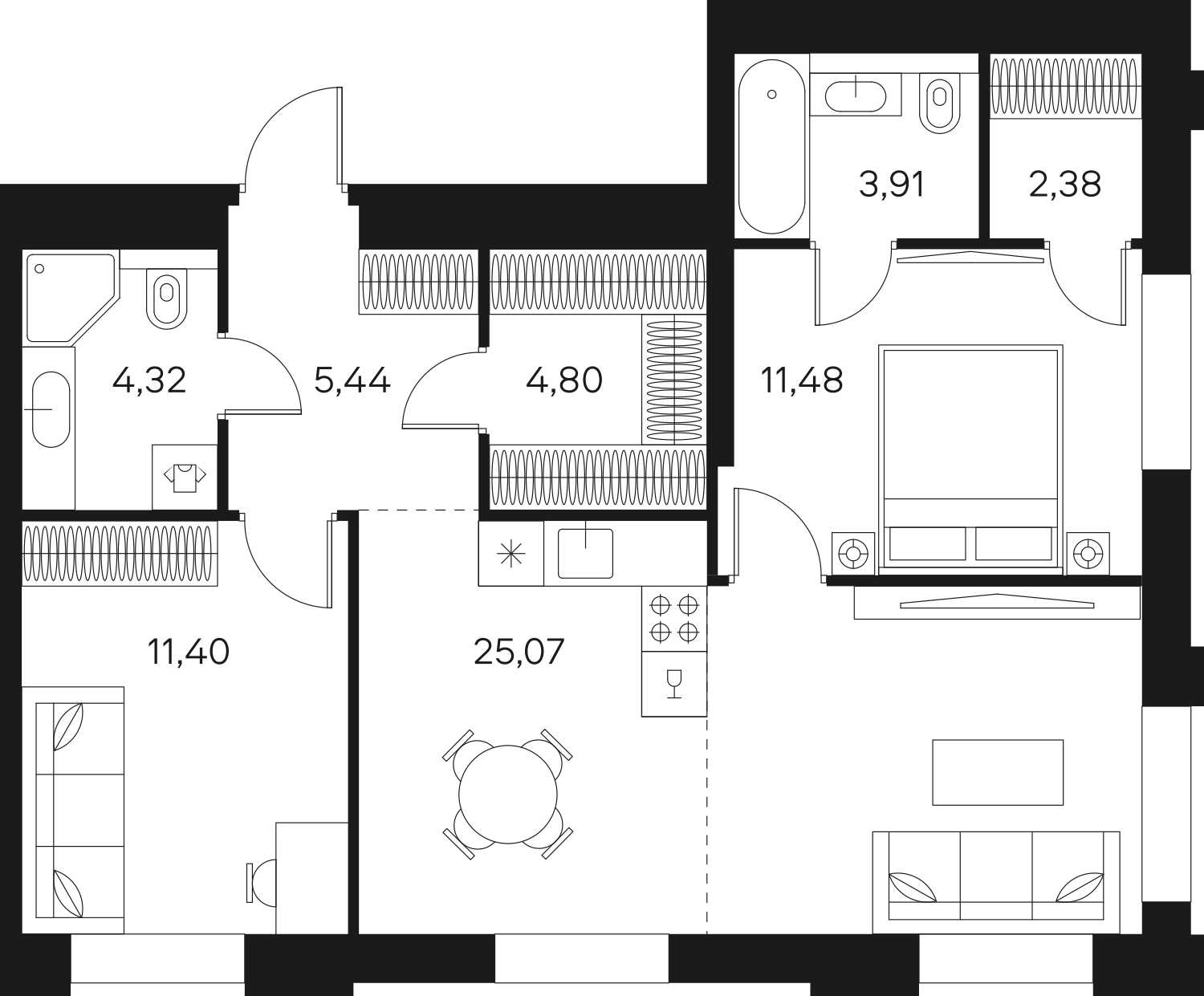 1-комнатная квартира (Студия) с отделкой в ЖК Октябрьский на Туре на 11 этаже в 1 секции. Сдача в 2 кв. 2025 г.