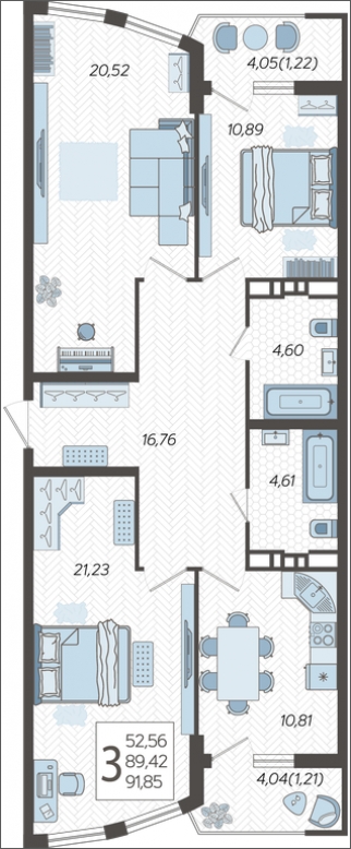 3-комнатная квартира с отделкой в ЖК Октябрьский на Туре на 4 этаже в 1 секции. Сдача в 1 кв. 2026 г.