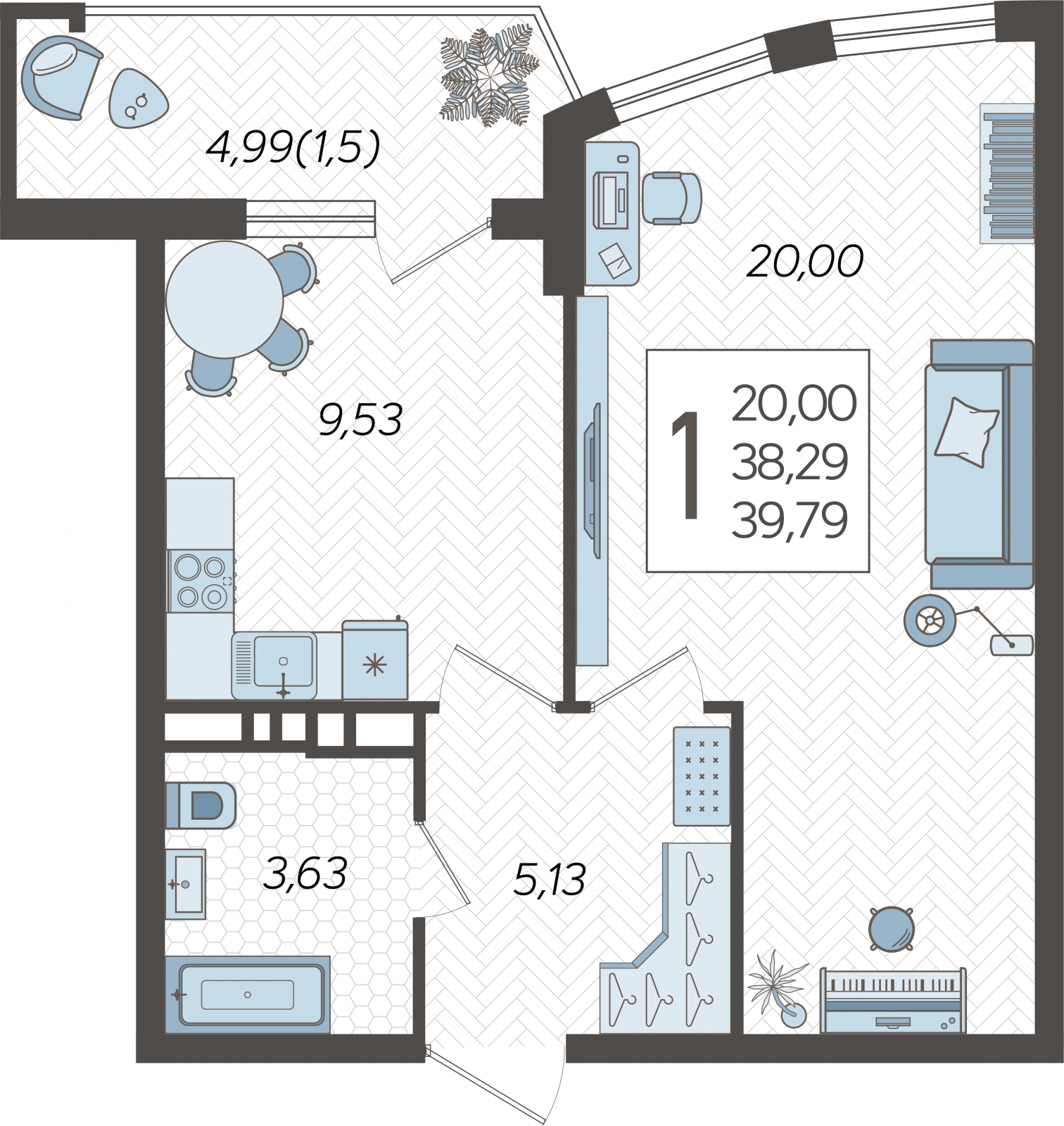 1-комнатная квартира (Студия) с отделкой в ЖК CUBE на 12 этаже в 1 секции. Сдача в 2 кв. 2024 г.