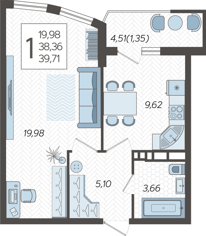 1-комнатная квартира с отделкой в ЖК Аквилон Leaves на 4 этаже в 1 секции. Сдача в 4 кв. 2024 г.