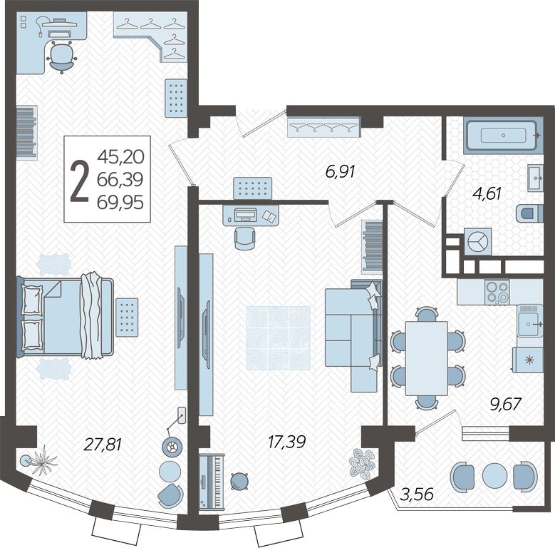 3-комнатная квартира с отделкой в ЖК Октябрьский на Туре на 4 этаже в 5 секции. Сдача в 1 кв. 2026 г.