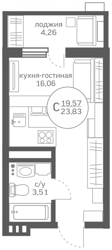 1-комнатная квартира с отделкой в ЖК URAL на 22 этаже в 1 секции. Сдача в 4 кв. 2024 г.